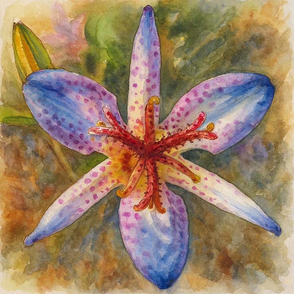 ホトトギスの花を真正面構図で描いたプロレベルの水彩画風イラスト。淡い紫青色の花被片に細かな赤紫の斑点が入り、中心の赤い雄しべが繊細に強調された写実的な植物画。