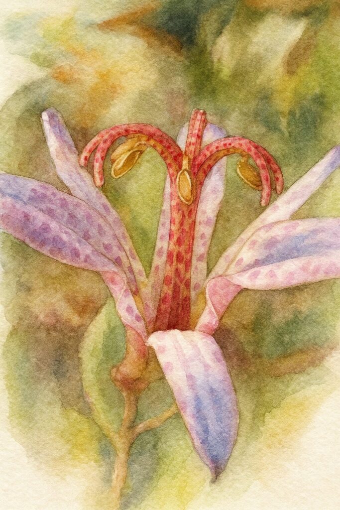 ホトトギスの花を写真構図に忠実に描いたプロレベルの水彩画風イラスト。淡紫色の斑点模様の花被片と、中心で反り返る赤い雌しべ・雄しべを繊細な筆致で表現した写実的な植物画。