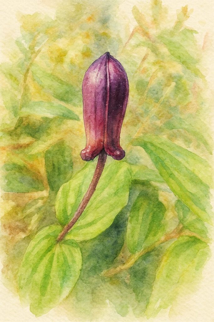 ホトトギスのつぼみを写真構図に忠実に描いたプロレベルの水彩画風イラスト。紫紅色の細長いつぼみが垂れ下がり、周囲の緑葉を淡いにじみで表現した写実的な植物画。
