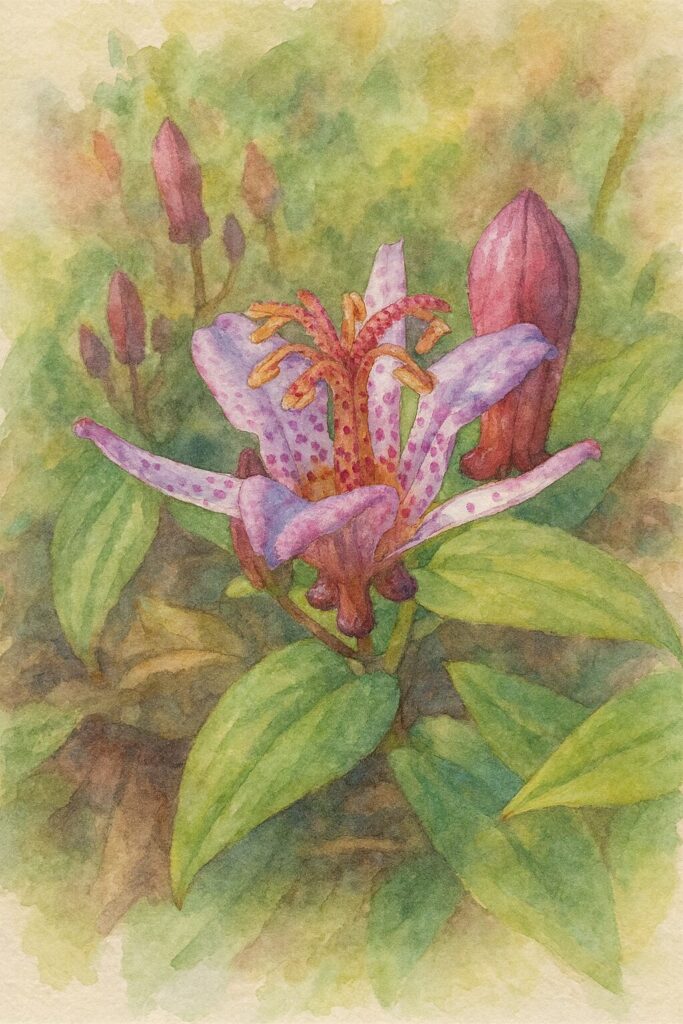 ホトトギスの花を写真構図に忠実に描いたプロレベルの水彩画風イラスト。斑点模様の淡紫色の花被片と赤い雌しべ・黄色い雄しべを中心に、背景のつぼみと葉を柔らかなにじみで表現した写実的な植物画。