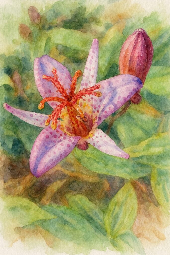 ホトトギスの花を写真構図に忠実に描いたプロレベルの水彩画風イラスト。斑点模様の淡紫色の花被片と赤い雌しべ・黄色い雄しべを中心に、右側の濃紅紫色のつぼみと葉を柔らかなにじみで表現した写実的な植物画。