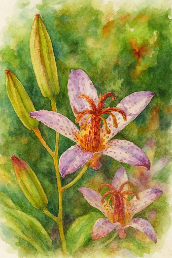 ホトトギスの花とつぼみを写真構図に忠実に描いたプロレベルの水彩画風イラスト。斑点模様の淡紫色の花被片と赤い雌しべ・黄色い雄しべを中心に、周囲の細長いつぼみと葉を柔らかなにじみで表現した写実的な植物画。