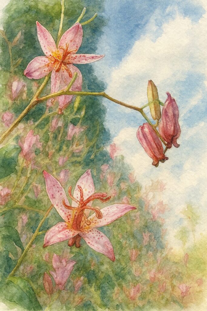 青空と雲を背景にしたホトトギスの花とつぼみを写真構図に忠実に描いたプロレベルの水彩画風イラスト。斑点模様の淡紫色の花と赤紫のつぼみを、柔らかなにじみと透明感のある筆致で表現した写実的な植物画。