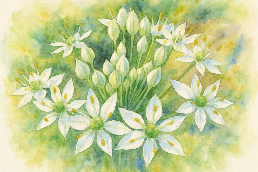ニラの花を描いた水彩画風イラスト｜白い星形の花と黄色い雄しべ、蕾が束になって咲く様子をやさしい背景で表現した植物画
