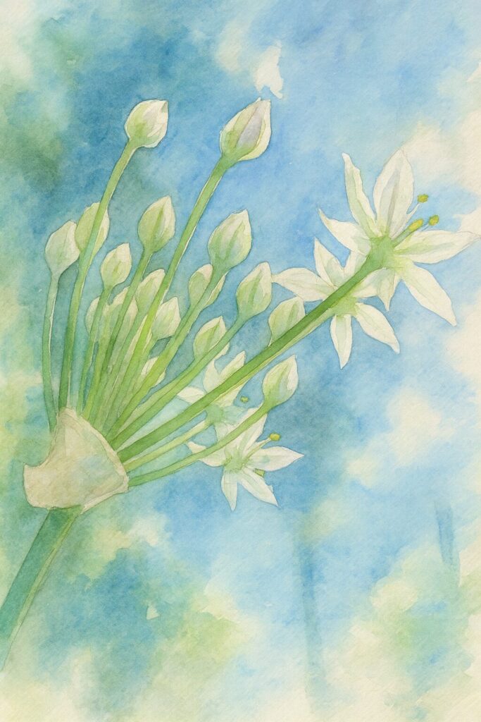 青空に向かって咲くニラの花を描いた水彩画風イラスト｜白い星形の花と蕾、細長い花茎をやわらかなタッチで表現した植物画