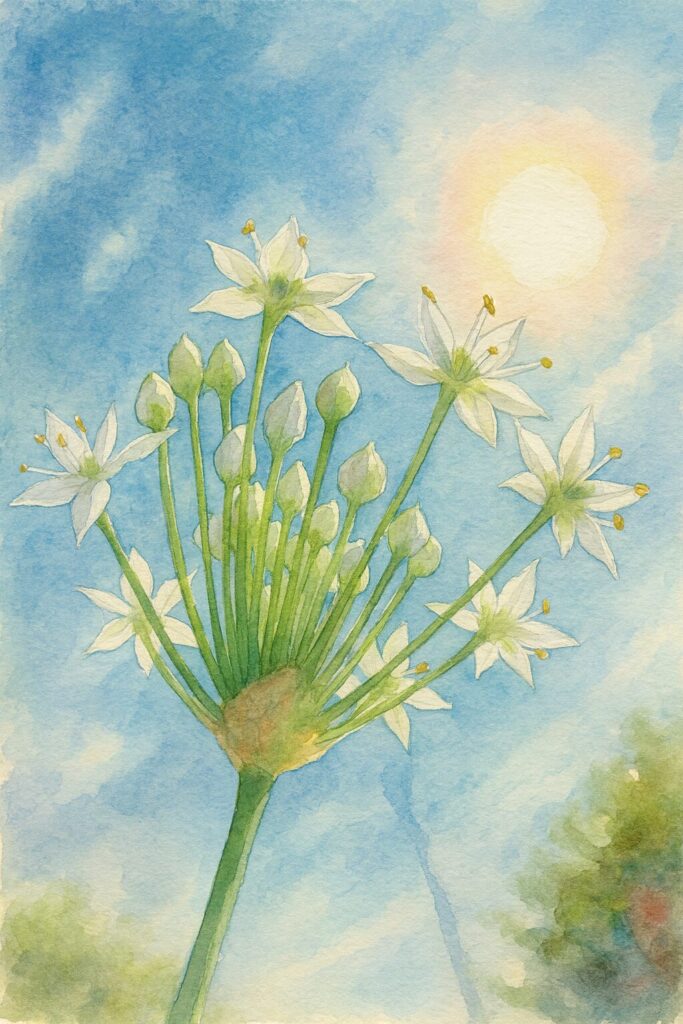 青空に向かって咲くニラの花を描いた水彩画風イラスト｜白い星形の花と蕾、放射状に伸びる花茎をやわらかな光とともに表現した植物画