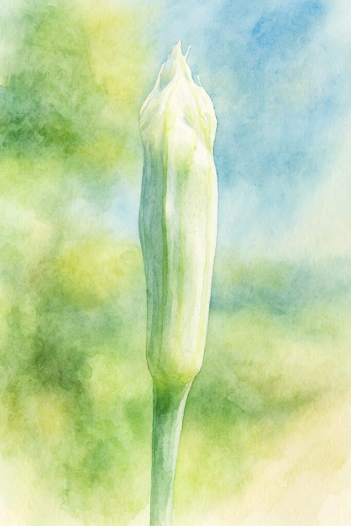 ニラの蕾を描いた水彩画風イラスト｜白と淡緑の花被を持つ一本の蕾をやわらかな背景で表現した植物イラスト