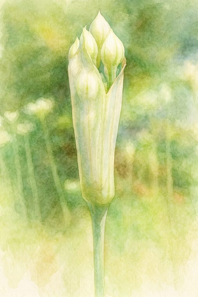ニラの蕾が開きかけた様子を描いた水彩画風イラスト｜白と淡い緑の苞の中から蕾がのぞく瞬間をやさしい背景で表現した植物イラスト