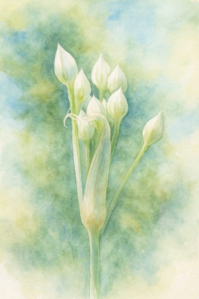 ニラの蕾が房状に伸びる姿を描いた水彩画風イラスト｜白と淡い緑の蕾が上向きに並ぶ様子をやわらかなにじみ背景で表現した植物画