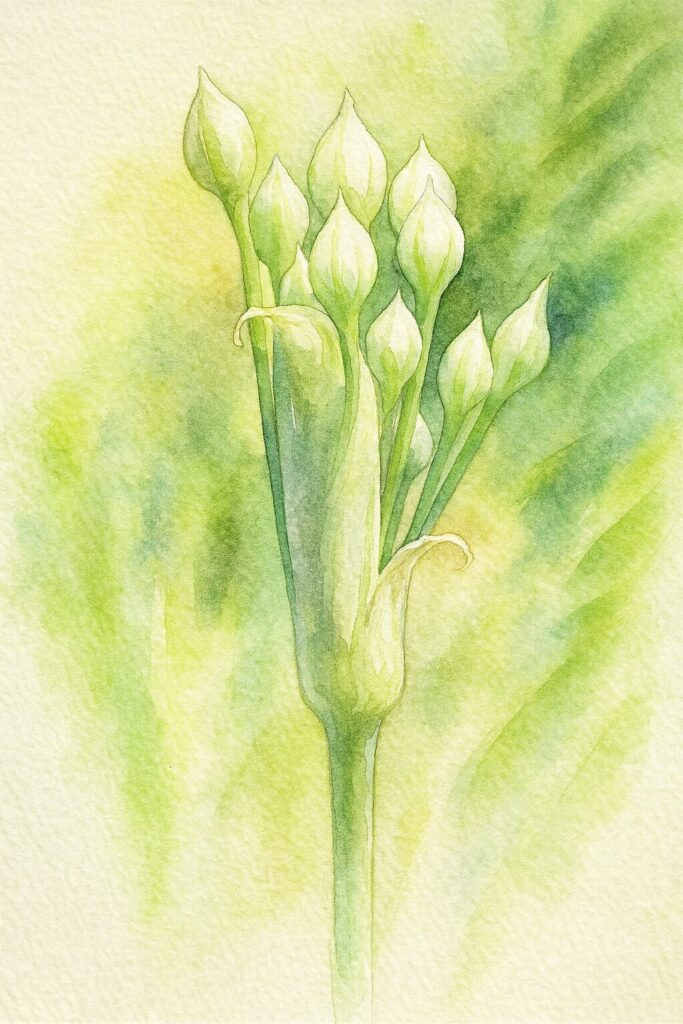 ニラの蕾が束になって伸びる姿を描いた水彩画風イラスト｜白と淡い緑の蕾を繊細なにじみと透明感で表現した植物画