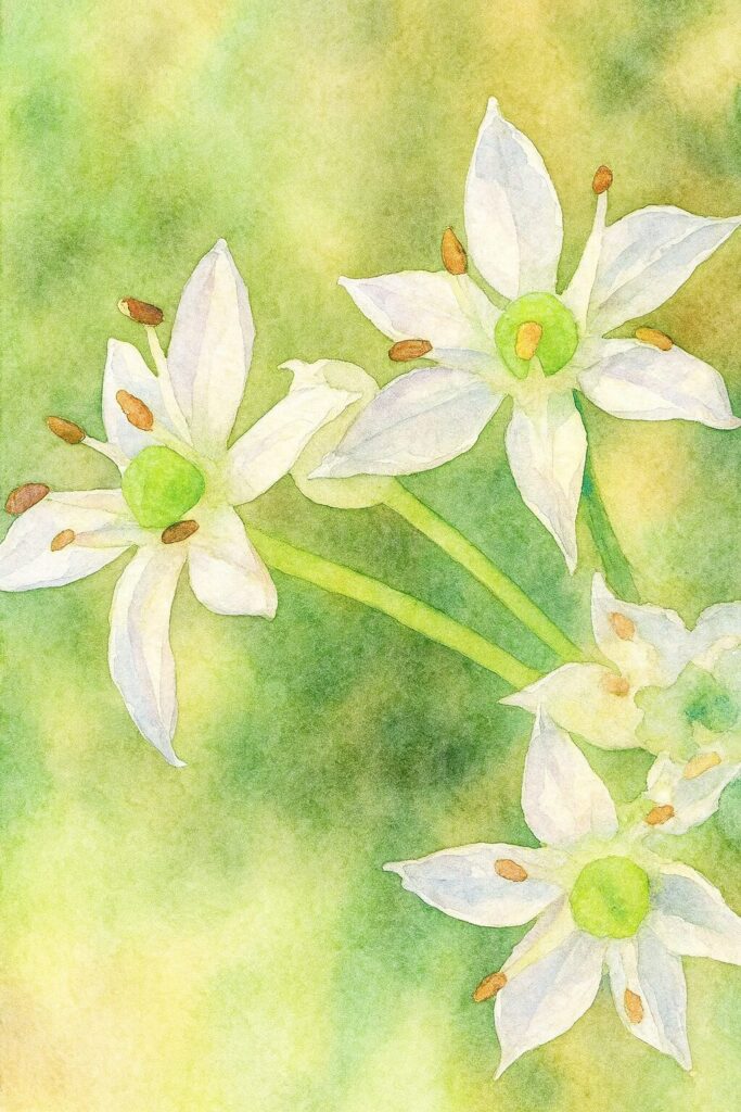 ニラの白い花を描いた水彩画風イラスト｜星形の花弁と緑の中心部、雄しべをやわらかなにじみで表現した植物イラスト