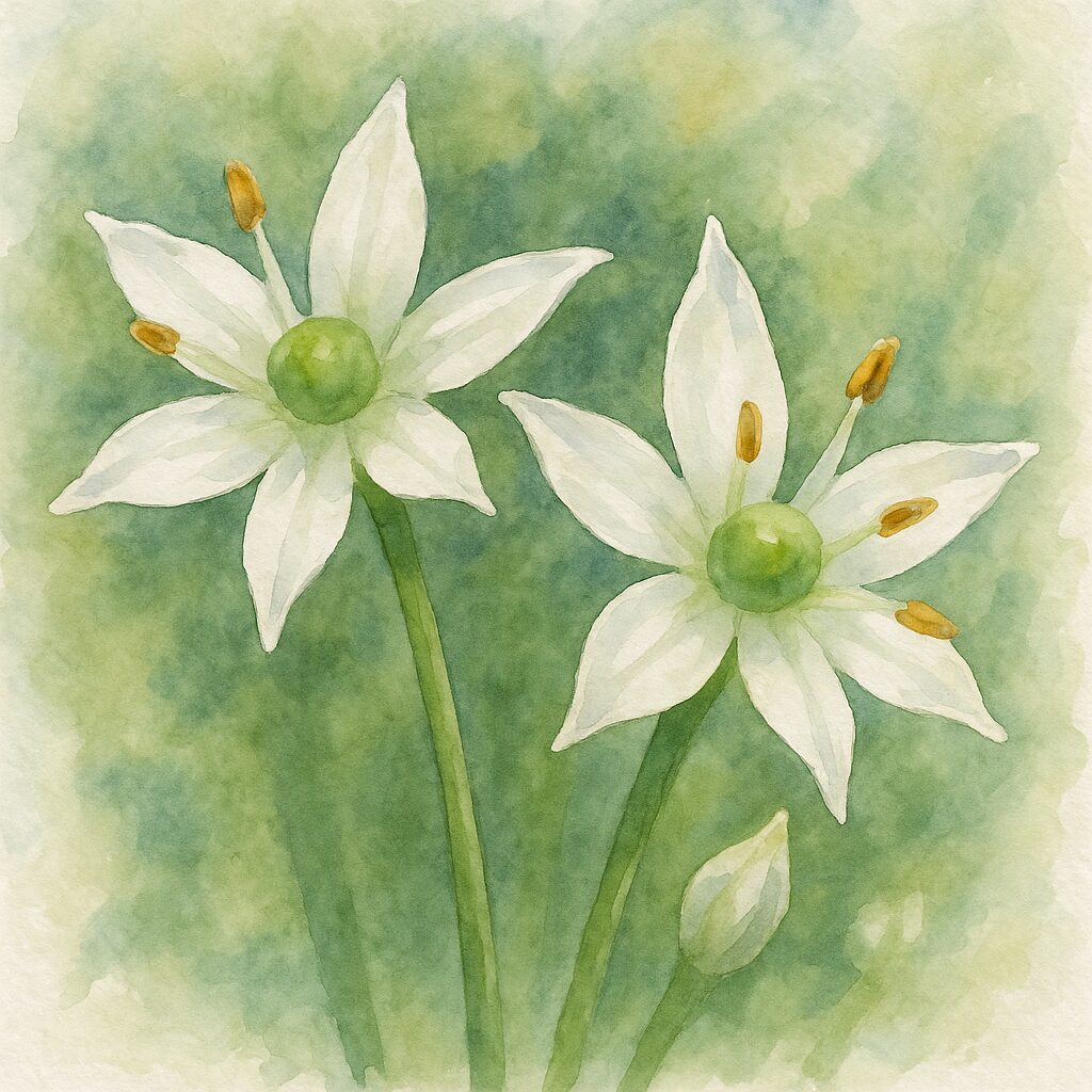 ニラの白い花を描いた水彩画風イラスト｜星形の花弁と緑の中心部、雄しべをやわらかなにじみと透明感で表現した植物イラスト