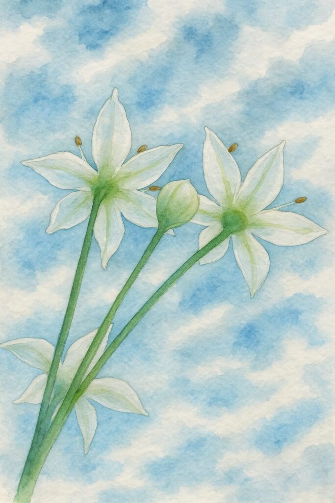 青空に向かって咲くニラの花を描いた水彩画風イラスト｜星形の白い花弁と緑の中心部、蕾と花茎を写真構図に忠実に表現した植物画