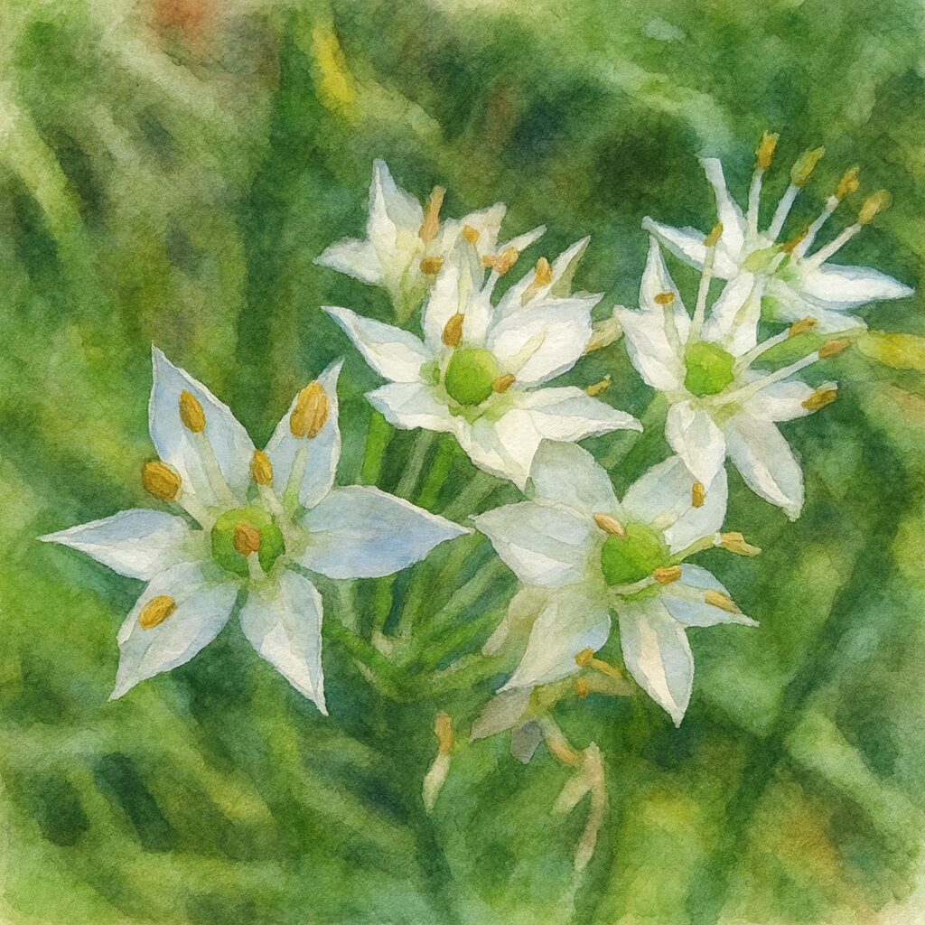 ニラの花房を描いた水彩画風イラスト｜白い星形の花が集まり緑の中心部と雄しべをやわらかなにじみ背景で表現した植物イラスト