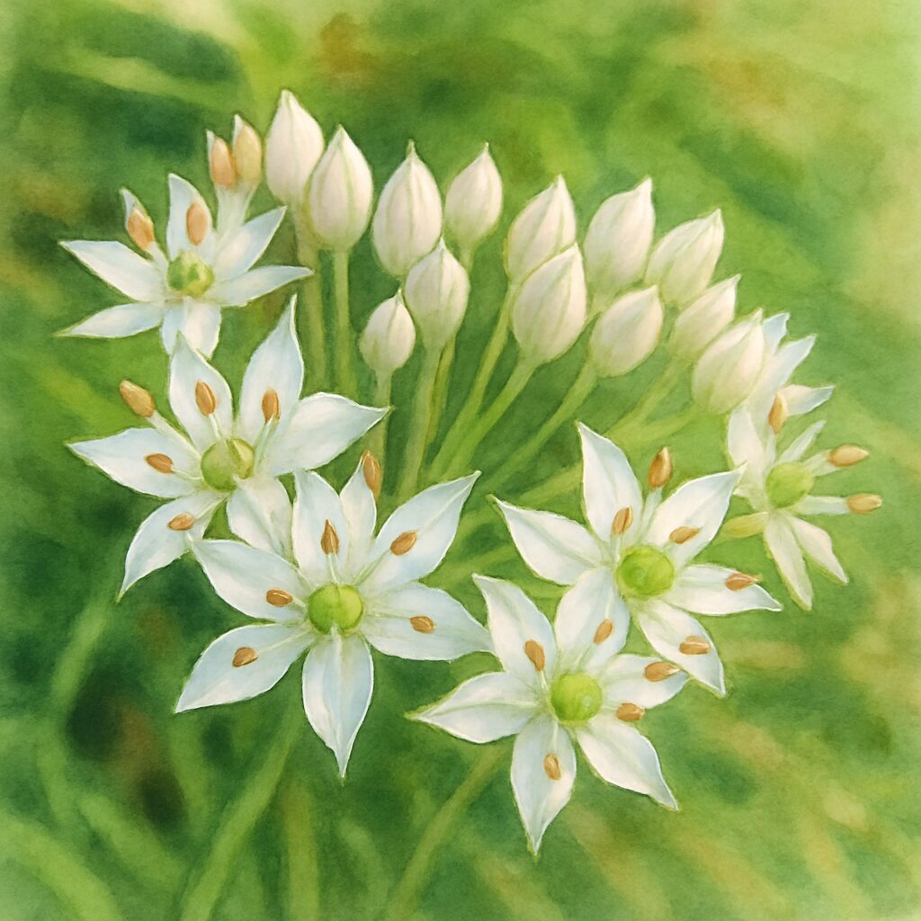 ニラの花房を描いた水彩画風イラスト｜白い星形の花が集まり緑の中心部と雄しべを写真構図に忠実に表現した植物イラスト