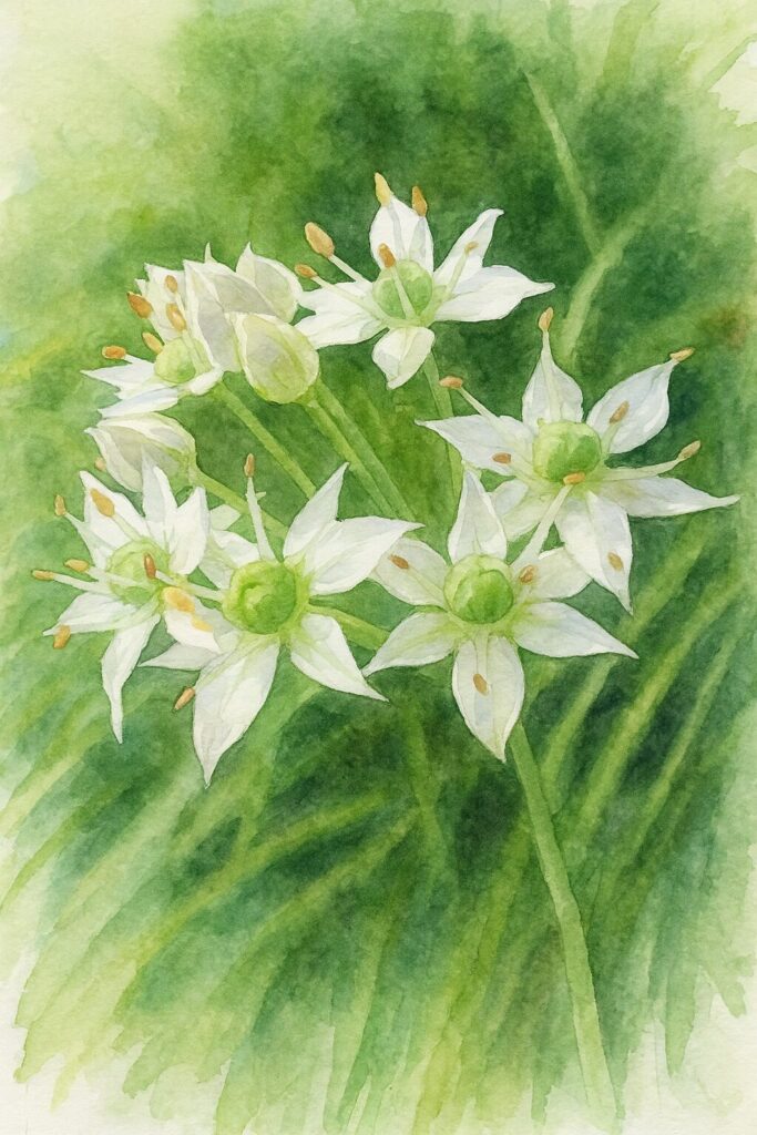 ニラの花房を写真構図に忠実に描いた水彩画風イラスト｜白い星形の花と緑の中心部、雄しべを柔らかなにじみで表現した植物画