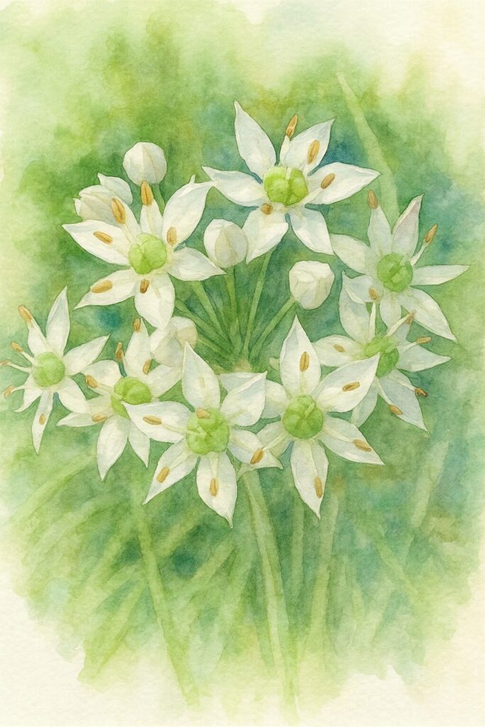 ニラの花房を写真構図に忠実に描いた水彩画風イラスト｜白い星形の花が円形に集まり緑の中心部と雄しべを繊細なタッチで表現した植物イラスト