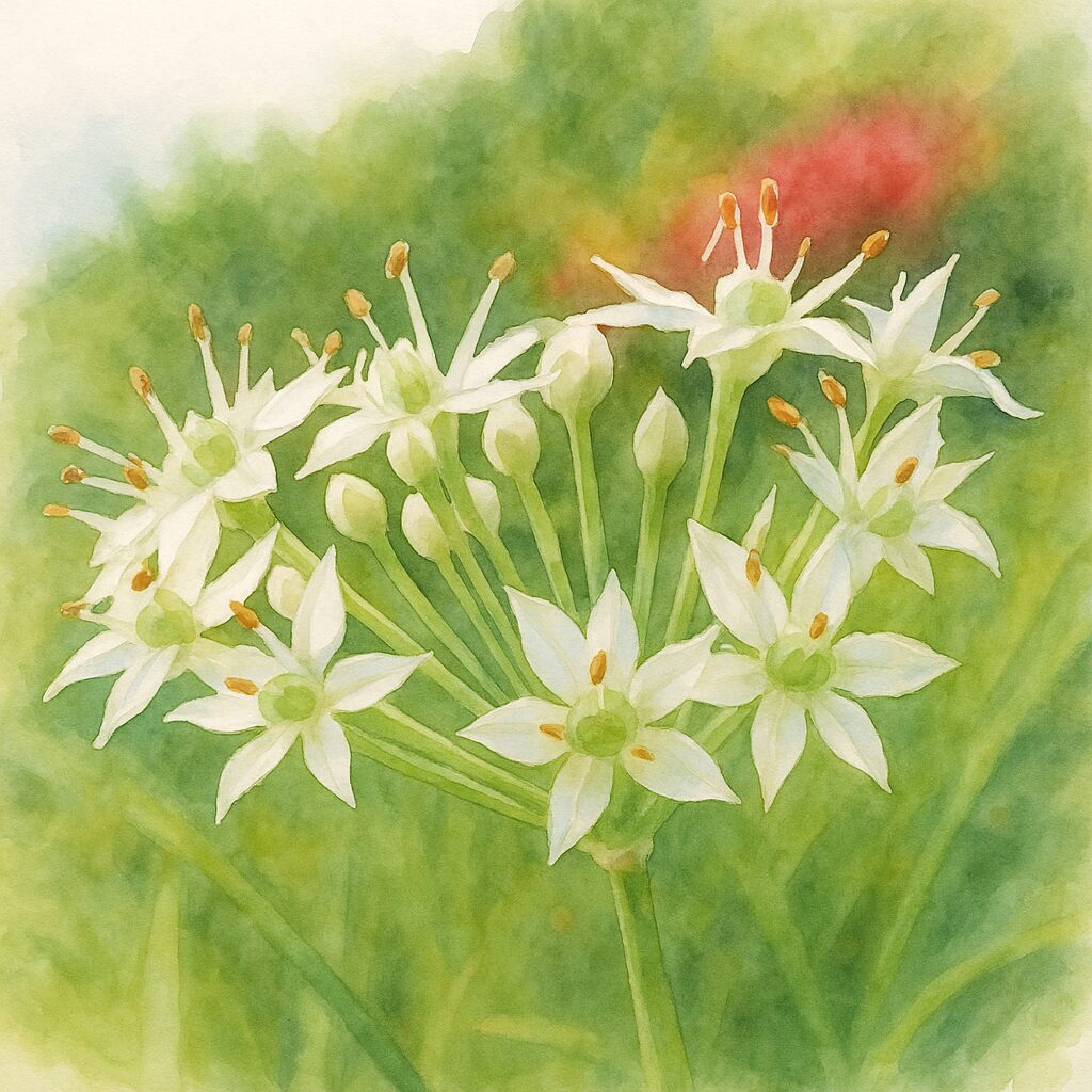 ニラの花房を写真構図に忠実に描いた水彩画風イラスト｜白い星形の花が扇状に広がり緑の中心部と雄しべを柔らかな水彩タッチで表現した植物画
