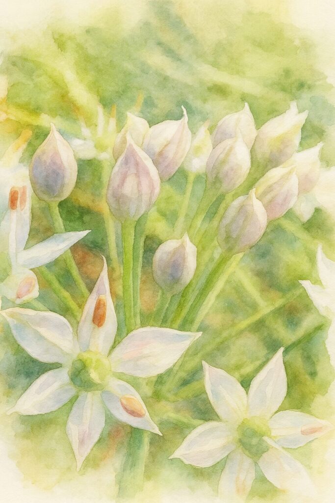 ニラの蕾と花芽を写真構図に忠実に描いた水彩画風イラスト｜丸みのある白い蕾と細い緑の茎をやわらかなにじみで表現した植物イラスト