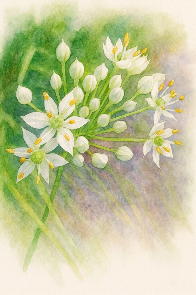 ニラの花序を写真構図に忠実に描いた水彩画風イラスト｜白い星形の花と丸みのある蕾を放射状配置で表現し、やわらかな緑の背景ににじみを生かした植物イラスト