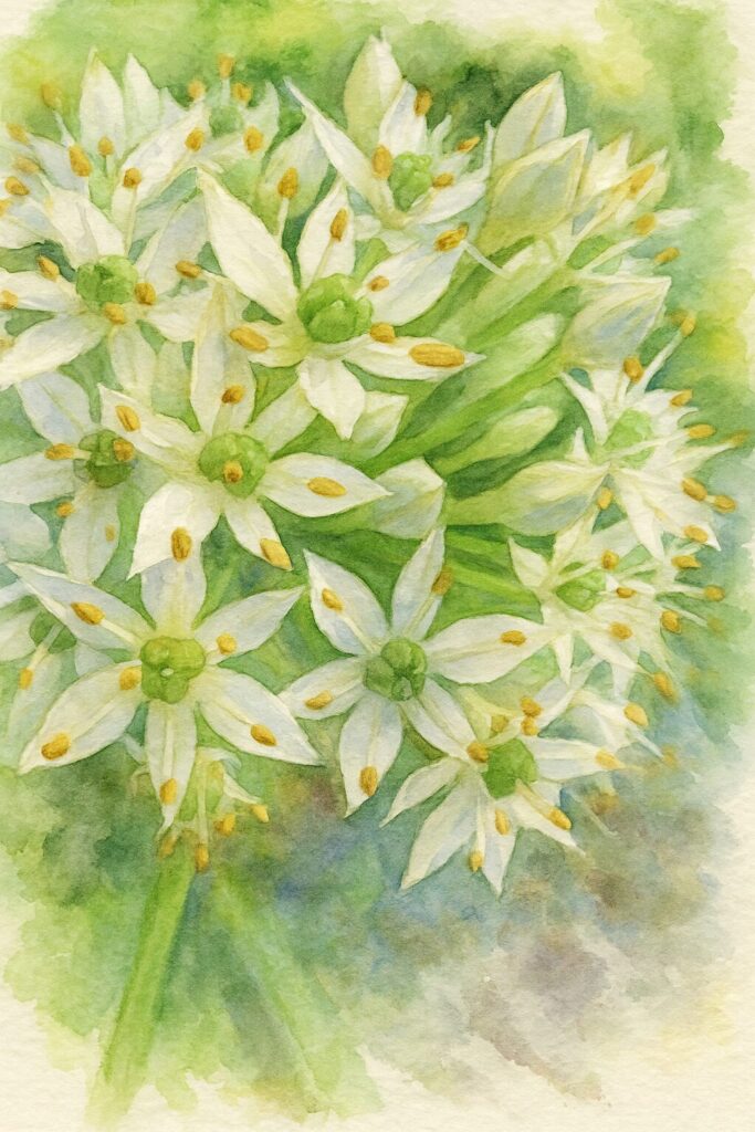 ニラの白い星形の花が重なり合う花序を忠実な構図で描いた水彩画風イラスト、淡い緑の花芯と黄色い雄しべが繊細に表現されたボタニカルアート