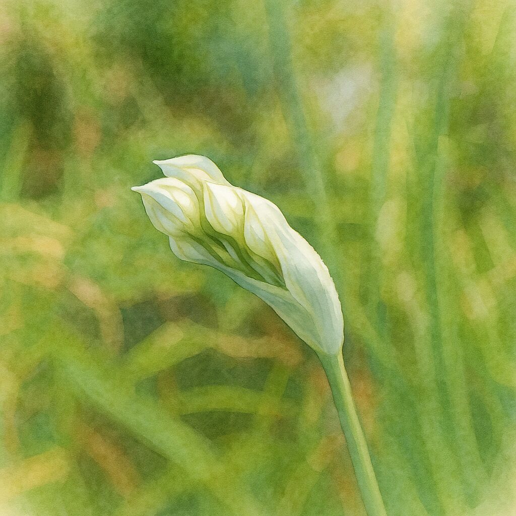 開花前のニラの蕾が白い花被に包まれて茎先に並ぶ姿を忠実な構図で描いた水彩画風イラスト、淡い緑と白を基調とした繊細なボタニカル表現