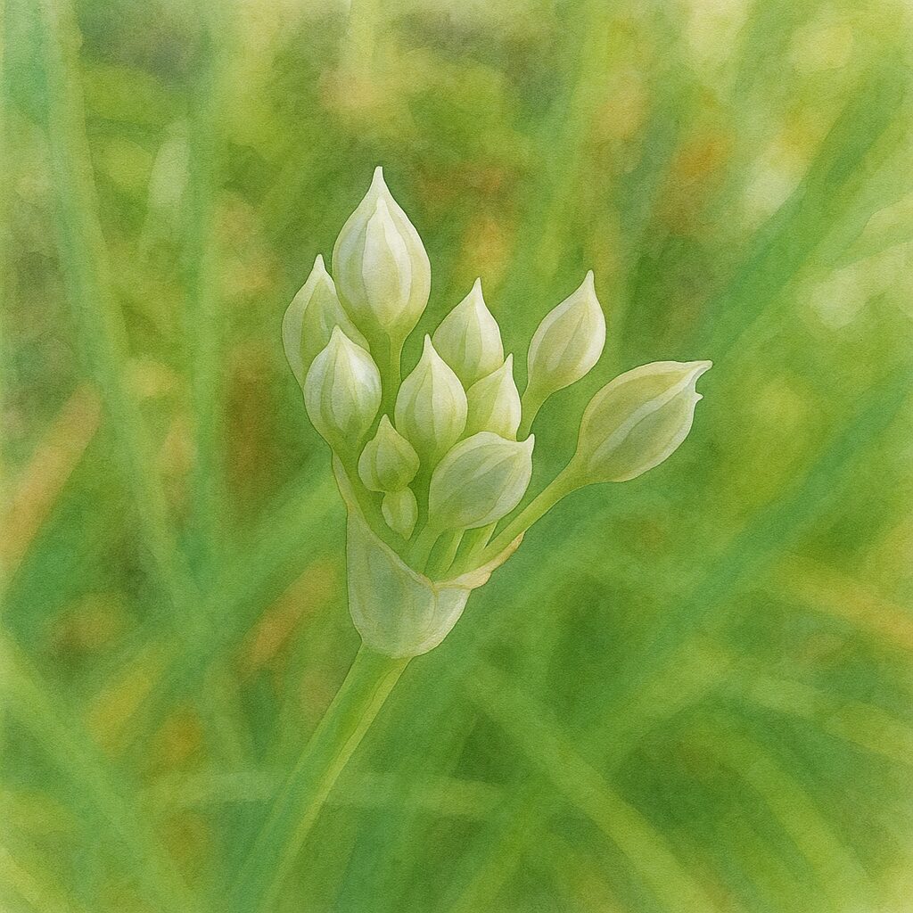ニラの花芽が群生して開花を待つ瞬間を繊細な水彩画風で描いたイラスト｜白い蕾の立体感と柔らかな緑のぼかし背景を生かしたボタニカルアート