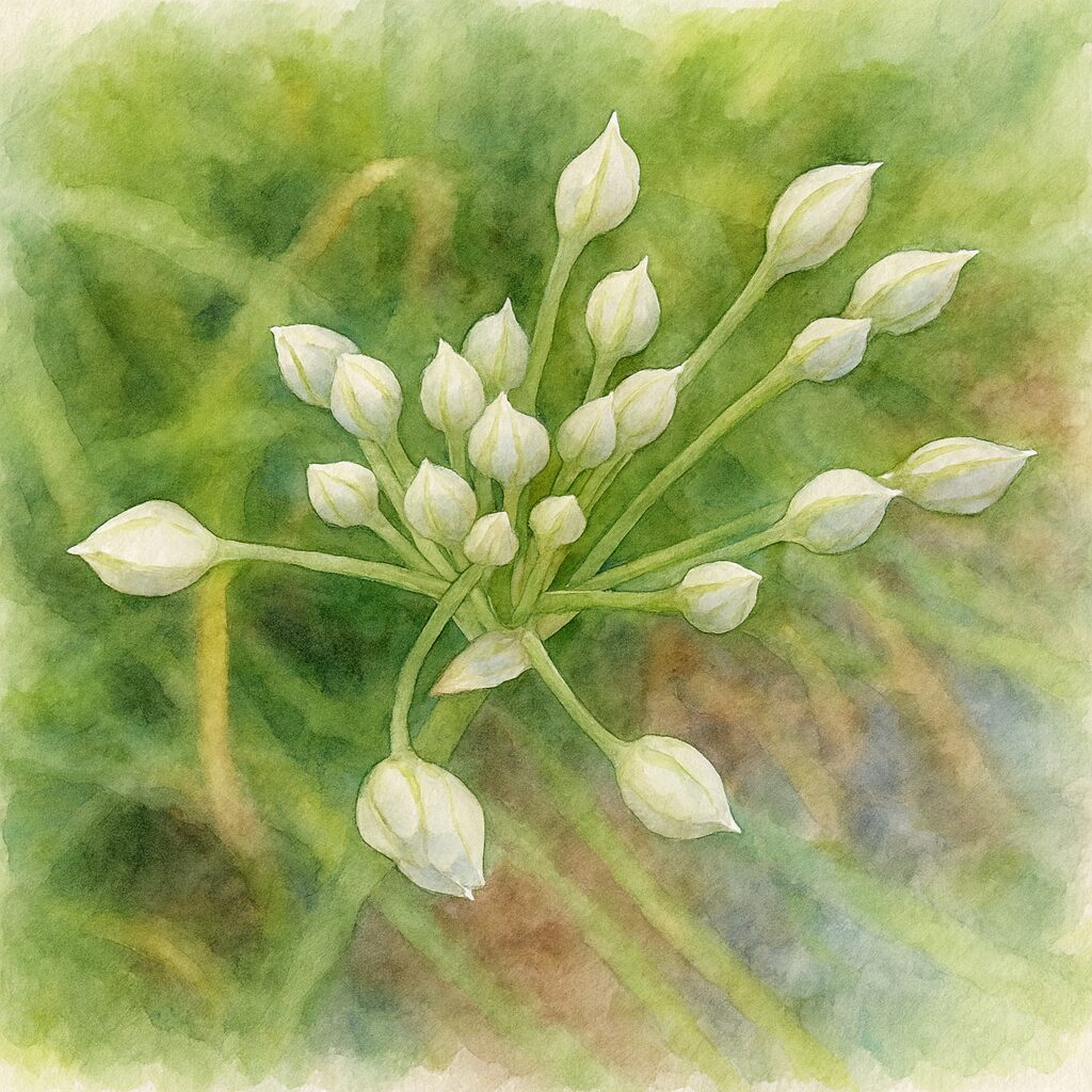 白いニラの花が放射状に集まって咲く様子を、実物の構図に忠実に描いた水彩画風ボタニカルイラスト。繊細な花弁と蕾、淡い緑の茎がやわらかな色調で表現されている。