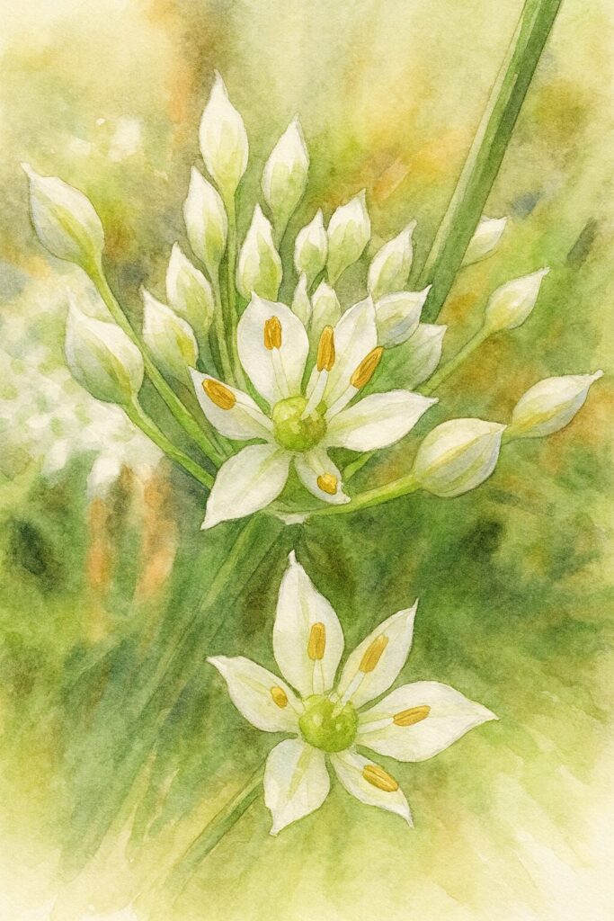 ニラ（韮）の花をプロレベルの水彩画風で描いたボタニカルイラスト。白い星形の花弁と黄色い雄しべ、中央の緑色の子房を主役に、柔らかなにじみと背景のグリーンで写真の構図を忠実に再現した作品。