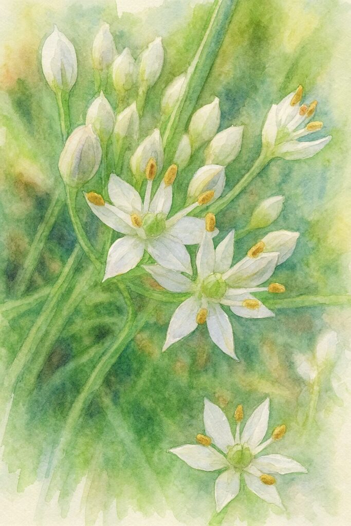 ニラの白い花を描いた水彩画風イラスト｜星形の花弁と黄色い雄しべ、つぼみが集まる開花期のニラの花を繊細に表現した植物画