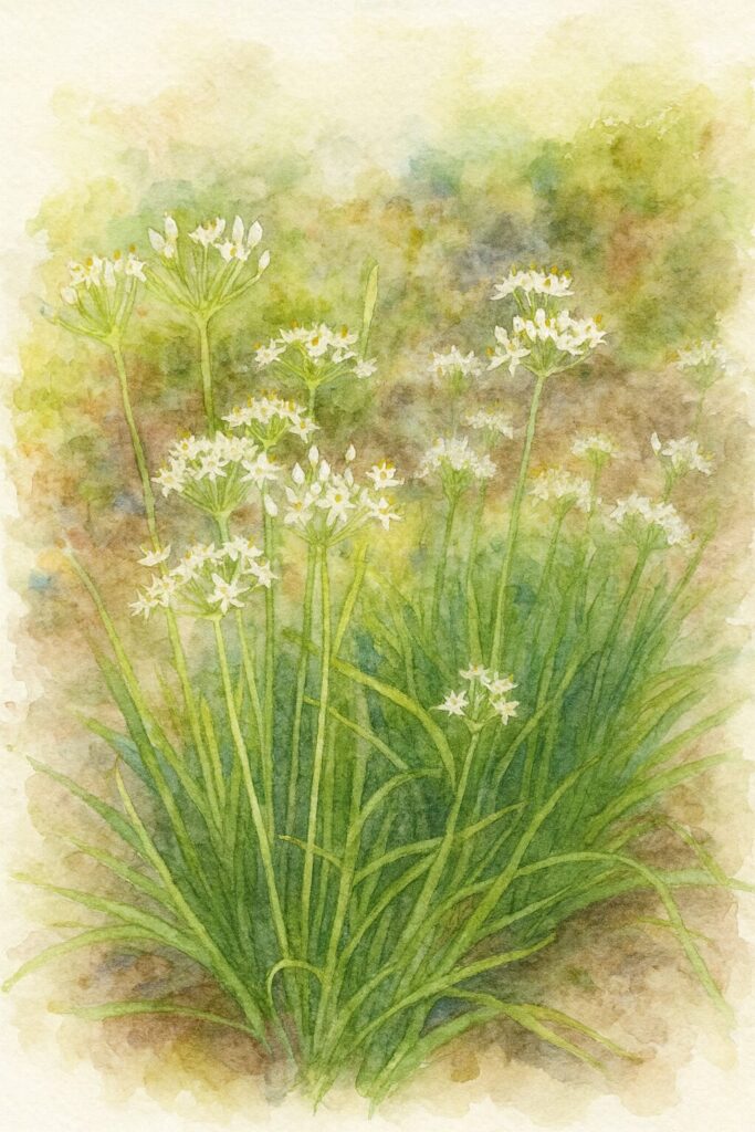 ニラが群生して白い花を咲かせる様子を水彩画風で描いたイラスト｜細長い緑の葉と放射状に広がる星形の花が調和した自然感あふれるボタニカルアート