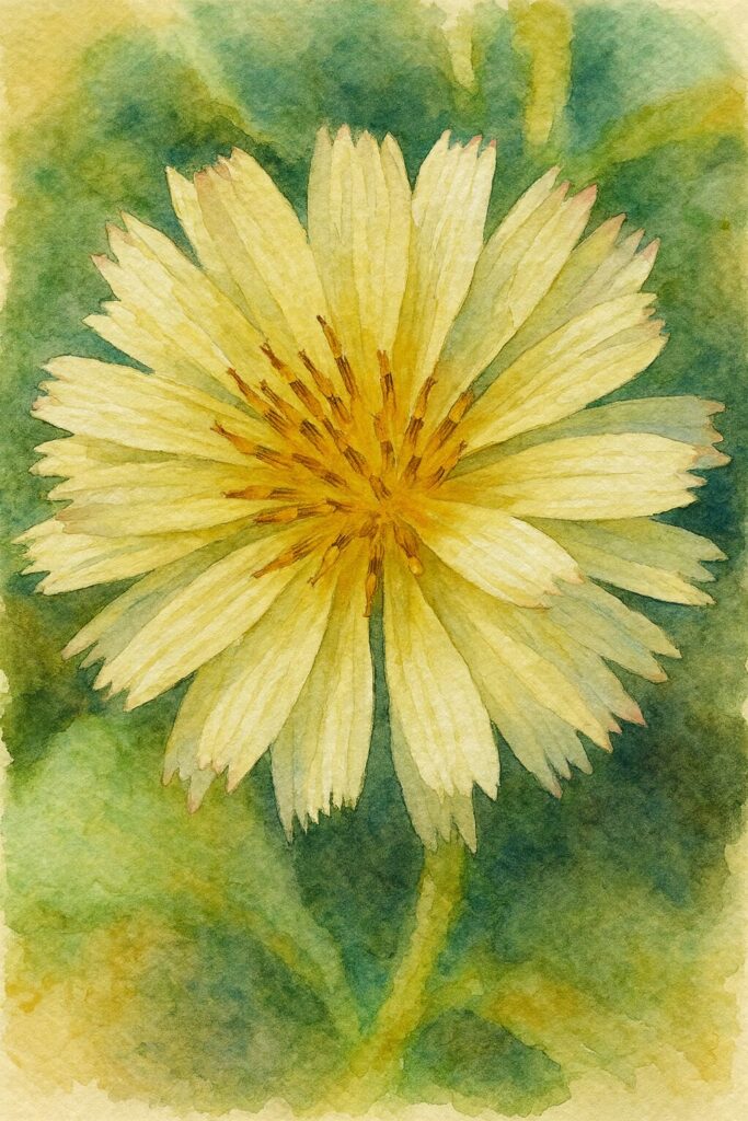 アキノノゲシの花を写真構図に忠実に描いた水彩画風イラスト。淡黄色の細い花びらが放射状に重なり、中心部の花粉と葯を繊細な筆致で表現した秋の野草イラスト。