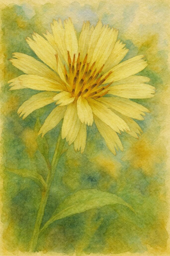 アキノノゲシの花を写真構図に忠実に描いた水彩画風イラスト。淡い黄色の細い花びらが自然に広がり、中心部の花粉と葯をやわらかな水彩のにじみで表現した秋の野草イラスト。