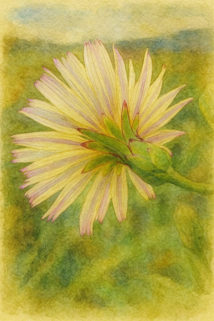 アキノノゲシの花を写真構図に忠実に描いた水彩画風イラスト。淡黄色の細い花びらに紫がかった先端色と緑色の総苞をやさしい水彩のにじみで表現した秋の野草イラスト。