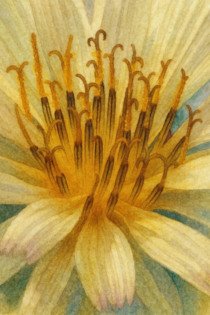 アキノノゲシの花芯部分を写真構図に忠実に描いた水彩画風イラスト。黄色から橙色にかけての雄しべと黒褐色の葯を、水彩ならではのにじみと重なりで繊細に表現したクローズアップ作品。