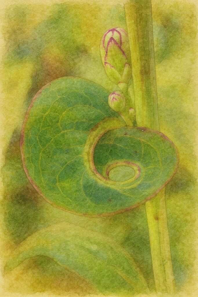 アキノノゲシの茎と花芽を写真構図に忠実に描いた水彩画風イラスト。円形に巻いた緑色の葉脈と、紫の筋が入った若いつぼみをやさしい水彩のにじみで表現した植物イラスト。