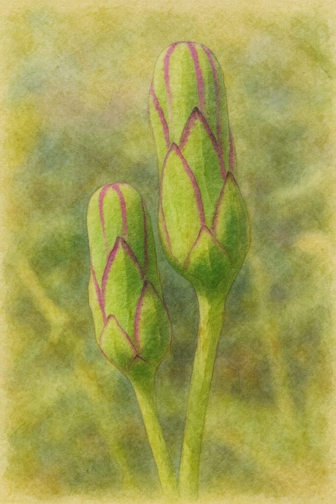 アキノノゲシの2本並んだ花芽を写真構図に忠実に描いた水彩画風イラスト。緑色の細長いつぼみに紫の縦筋を入れ、やわらかな背景とともに繊細に表現した植物イラスト。