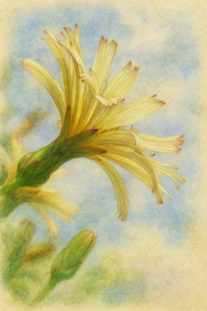 アキノノゲシの花を写真構図に忠実に描いた水彩画風イラスト。淡黄色の細い花びらが空色の背景に広がり、緑色の花柄と総苞、先端の赤紫色を水彩のにじみでやさしく表現した植物イラスト。