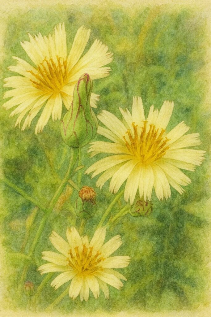 アキノノゲシの開花した2輪の花と中央の花芽を写真構図に忠実に描いた水彩画風イラスト。淡黄色の細い花びらと黄金色の花芯、紫筋の入った緑のつぼみを柔らかな背景とともに表現した植物イラスト。