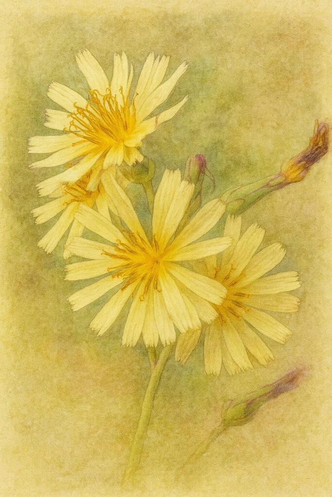 アキノノゲシの群生する花を写真構図に忠実に描いた水彩画風イラスト。淡黄色の細い花びらと黄金色の花芯、紫筋のある花柄やつぼみを柔らかなにじみで表現した植物イラスト。