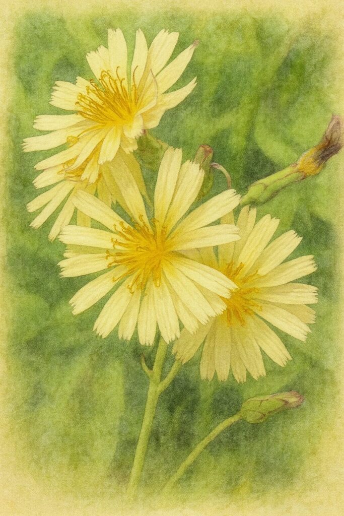 アキノノゲシの複数の花が連なる姿を写真構図に忠実に描いた水彩画風イラスト。淡黄色の細い花びらと黄金色の花芯、紫筋のある花柄や花芽を柔らかなにじみで表現した植物イラスト。