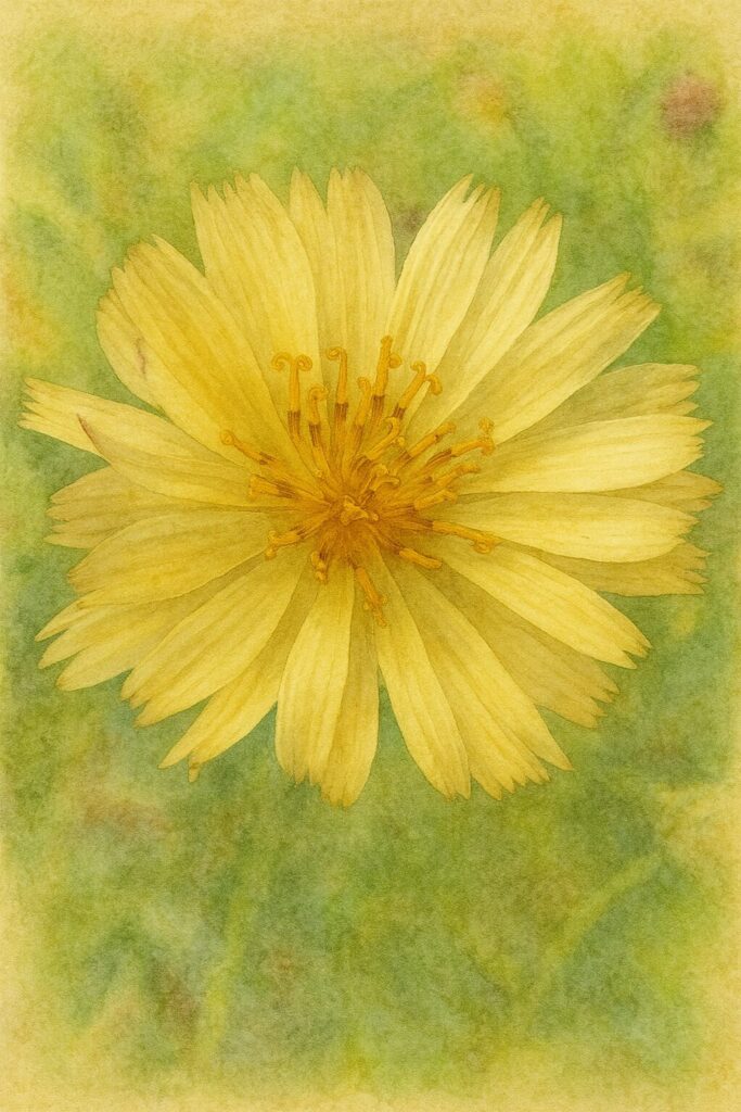 アキノノゲシの花を写真構図に忠実に描いた水彩画風イラスト。淡黄色の細い花びらが放射状に広がり、中心部の花粉と柱頭をやわらかな水彩のにじみで表現した植物イラスト。