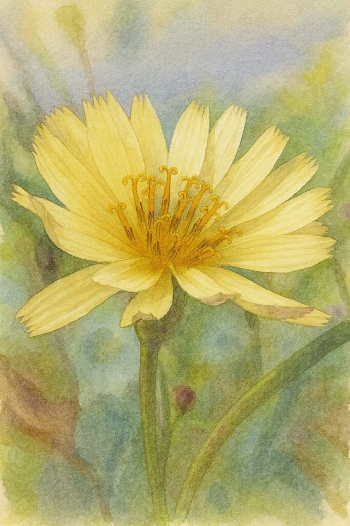 アキノノゲシ（秋の野芥子）の花をモチーフにした水彩画風ボタニカルイラスト。淡いクリームイエローの花弁と中央の黄色い雄しべを繊細なタッチで描いた秋の野草イラスト。