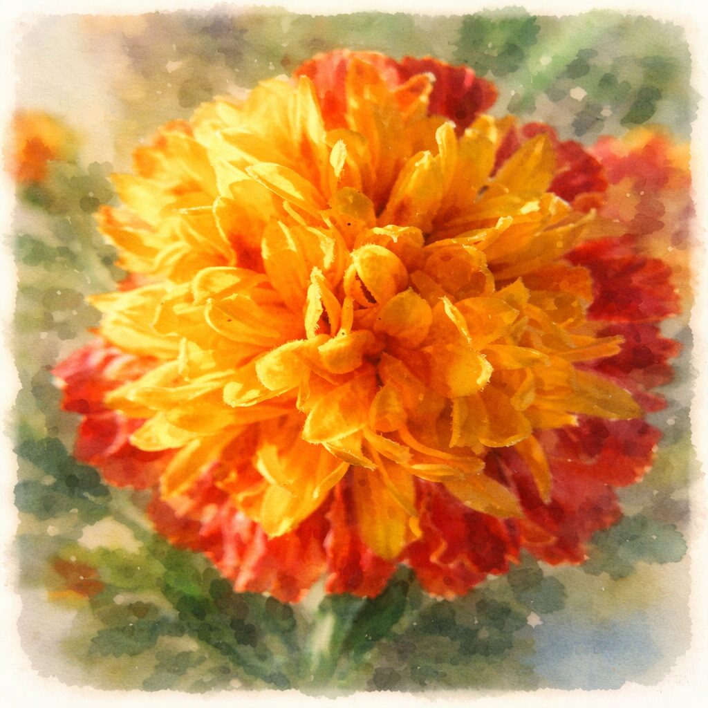 オレンジと黄色の花弁がふんわり重なるマリーゴールドを描いた手描き水彩画風イラスト。優しい色合いと柔らかな筆致で表現したマリーゴールドの花の正方形イラスト