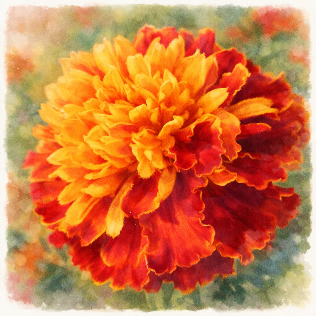 赤と黄色の花弁がふんわりと重なり合うマリーゴールドを描いた手描き水彩画風イラスト。柔らかな筆致と優しい質感で表現した正方形のマリーゴールドの花のイラスト