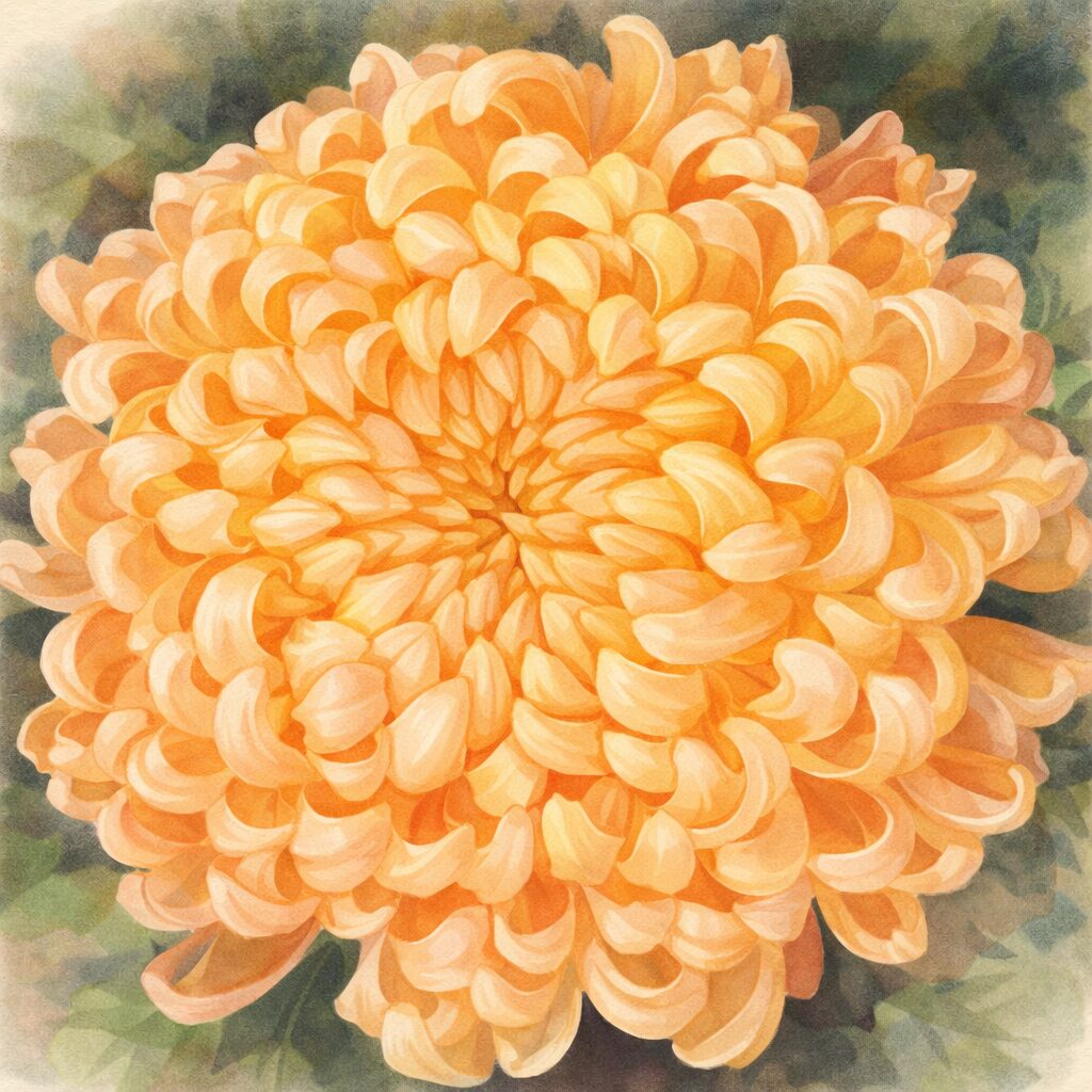 淡いオレンジ色の花弁が渦を描くように重なる大輪のキクを、水彩画特有のにじみとふんわりしたボケ感でやさしく表現した手描き水彩画の正方形イラスト