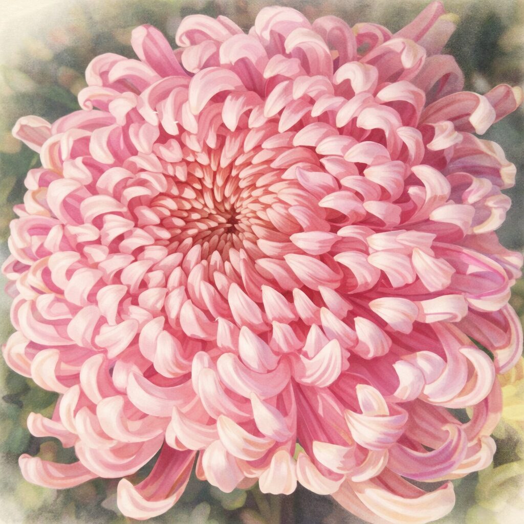 淡いピンクと白の花弁が渦状に重なり合う大輪のキクを、水彩画特有のやさしいにじみとふんわりしたボケ感で表現した手描き水彩画の正方形イラスト