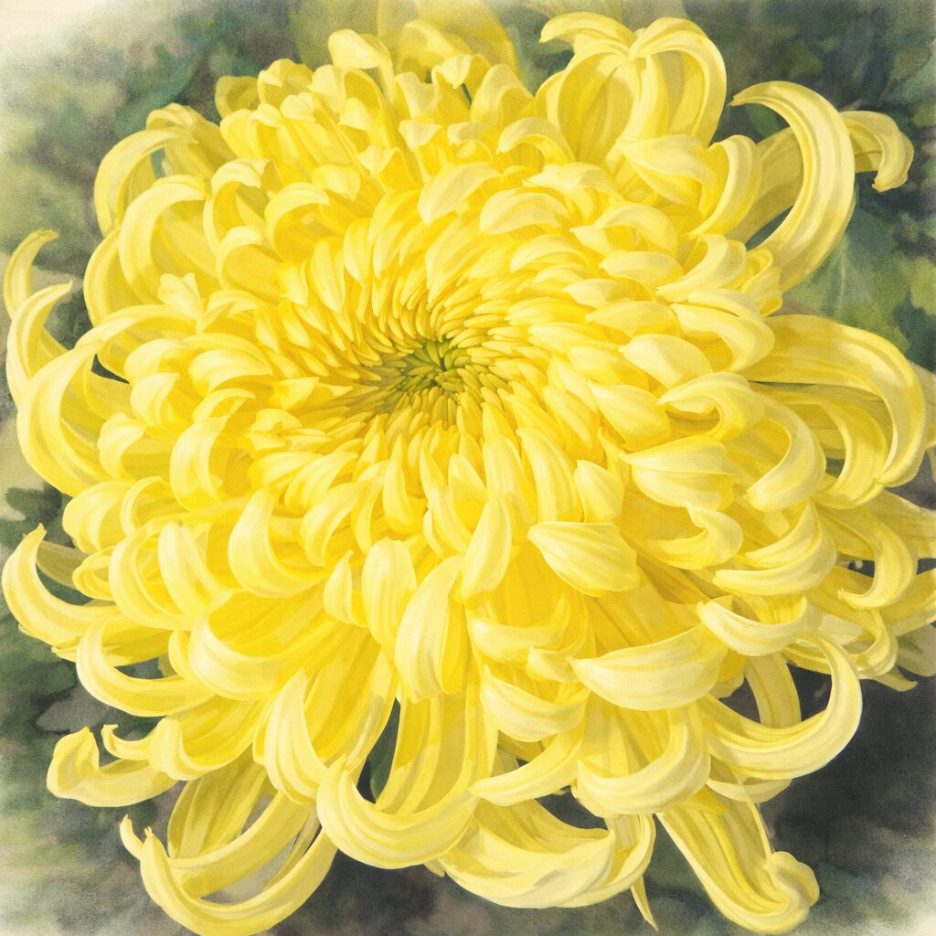 鮮やかな黄色の花弁が幾重にもカールする大輪のキクを、水彩画特有のやさしいにじみとふんわりしたボケ感で表現した手描き水彩画の正方形イラスト