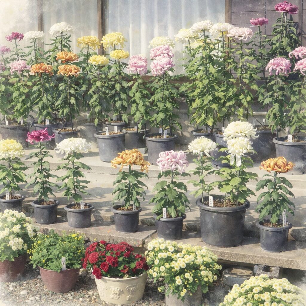 鉢植えのキクが色とりどりに並ぶ園芸風景を、手描き水彩画で表現した正方形イラスト。白や黄色、淡いピンクの菊を中心に、水彩特有のにじみと柔らかなボケ感で、穏やかで優しい雰囲気に仕上げている。