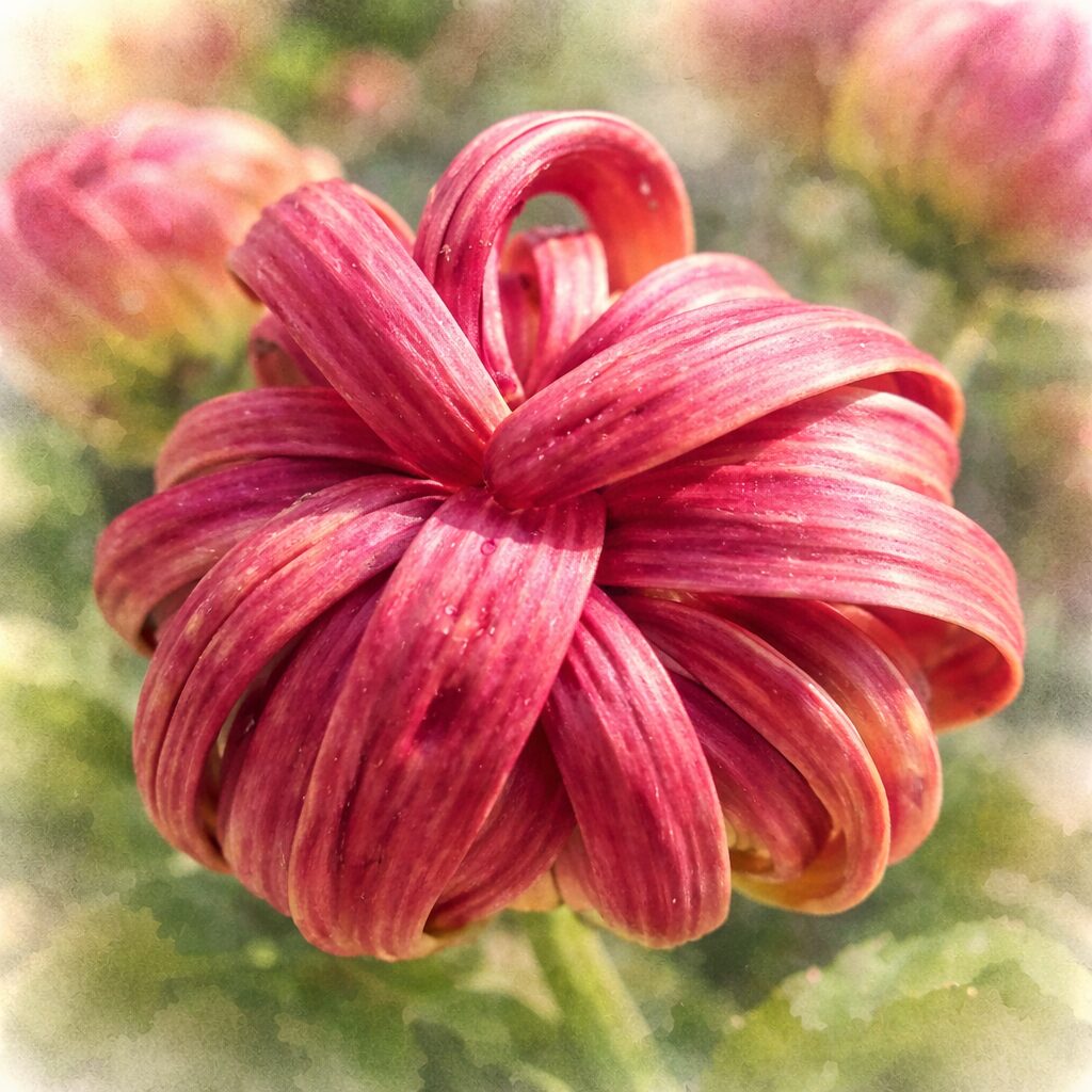 赤紫色のキクを優しいタッチの手描き水彩画で描いたイラスト。リボン状に重なる花弁の立体感とやわらかな光をふんわり表現した正方形構図。